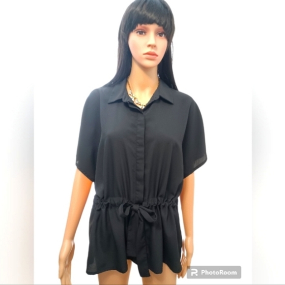 Women's Black Cinched Waist Short Sleeve Top Button Down - Picture 3 of 8